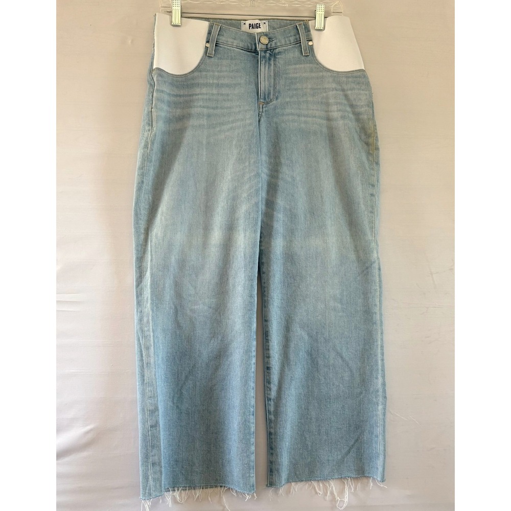 PAIGE Maternity Wide Leg Raw Hem Light Wash Denim Jeans Blue